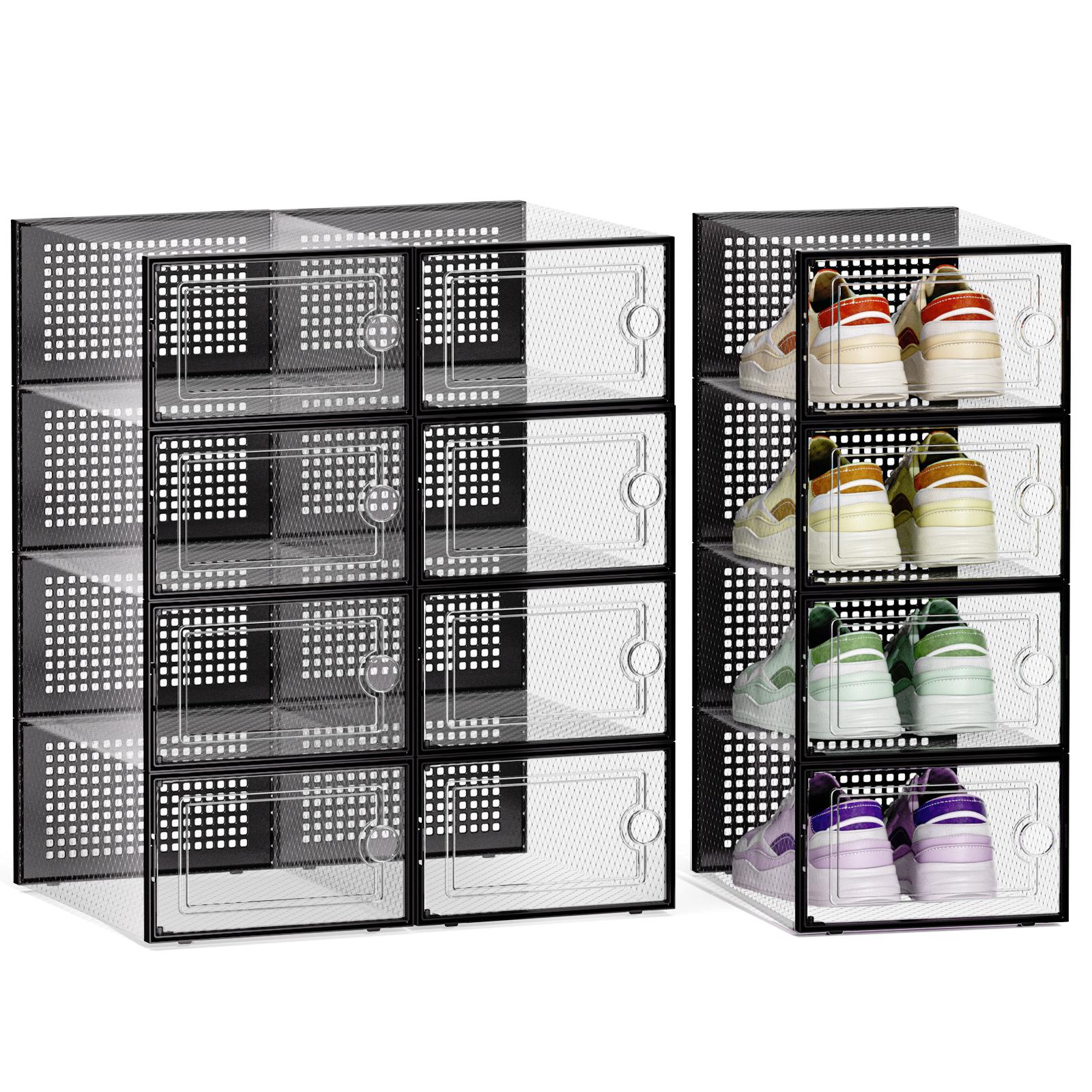 Shoe Box Display - 12/24個入り 厚手透明シューズボックス 折りたたみ式 積み重ね可能 プラスチック収納オーガナイザー 蓋付き