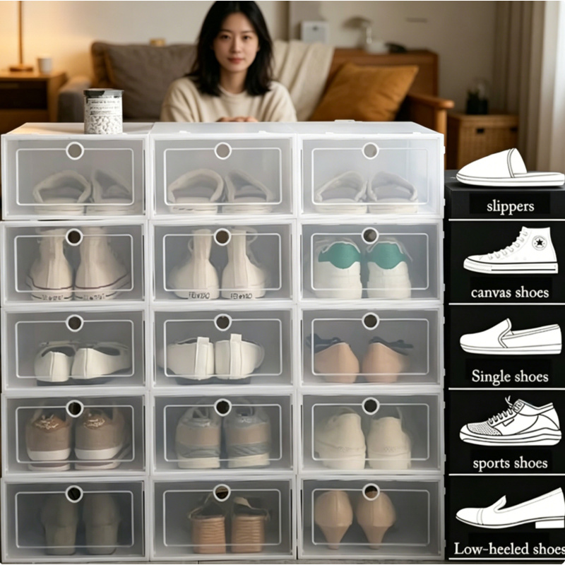 Shoe Box Display - 6個入り透明シューズ収納オーガナイザーボックス - スタッキング可能、折りたたみ式、防塵、スニーカーディスプレイケース用