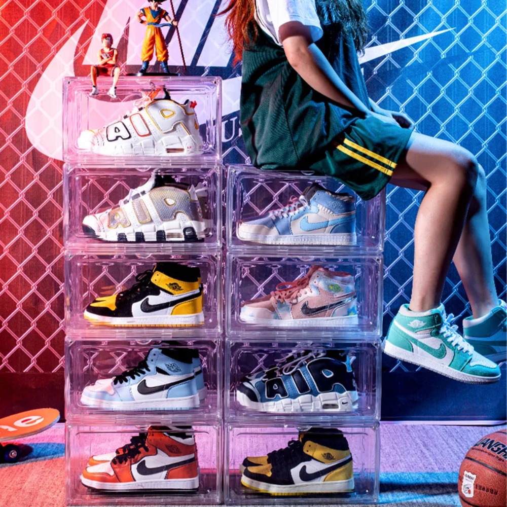 Shoe Box Display - 厚みのある透明な収納ボックス アクリル製シューズボックス マグネット式フリップカバー付き 防塵収納ボックス 多層積み重ね可能なシューズボックス