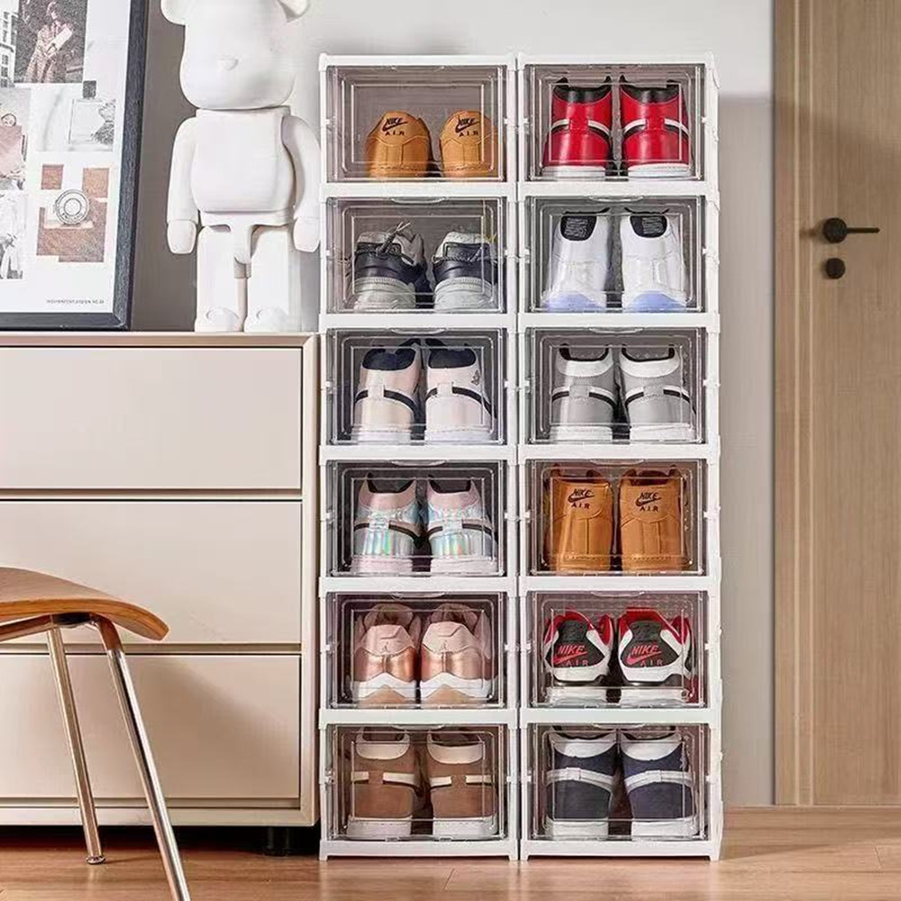 Shoe Box Display - 防塵6層折りたたみ式シューズボックス、積み重ね可能な透明厚型プラスチック製収納ボックス、スニーカーシューズオーガナイザーキャビネットオーガナイザー